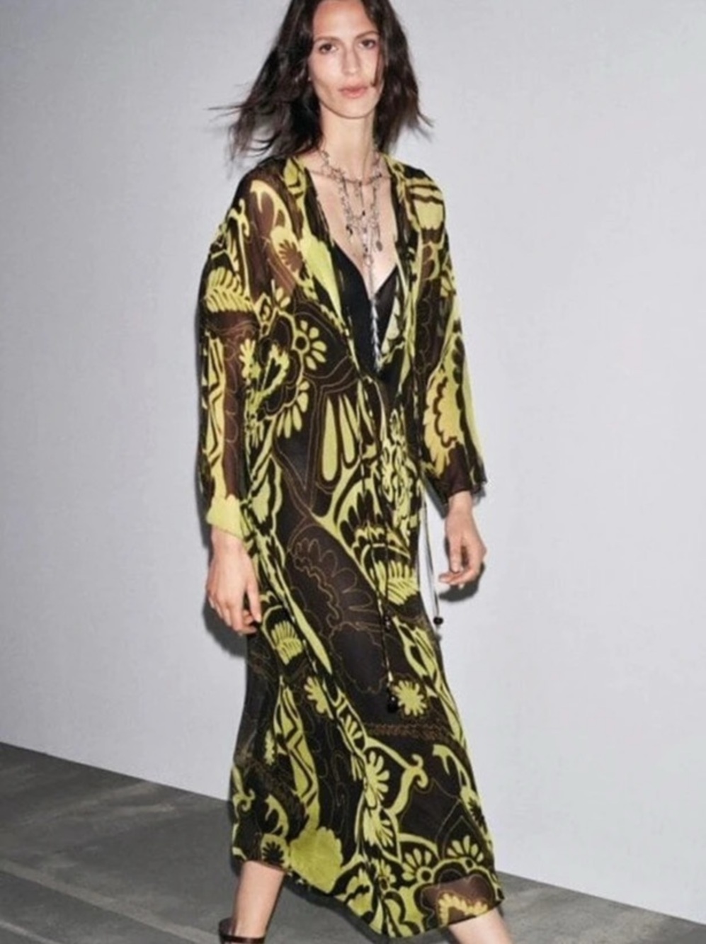 Zara Printed Tunic Dress Floral Maxi in Green & Black